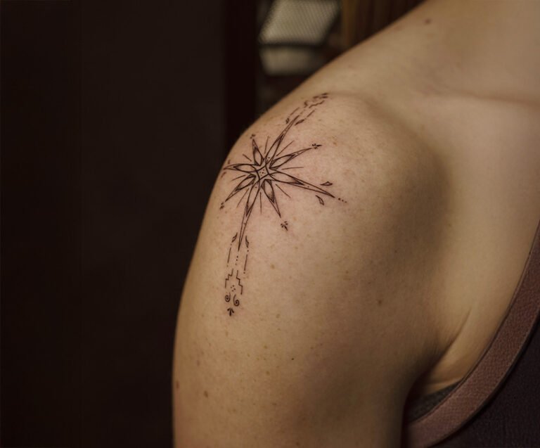 Fine line tattoo of a sacred star with Andean-inspired geometric patterns, created at NOIR Tattoo Studio in Cusco, Peru.