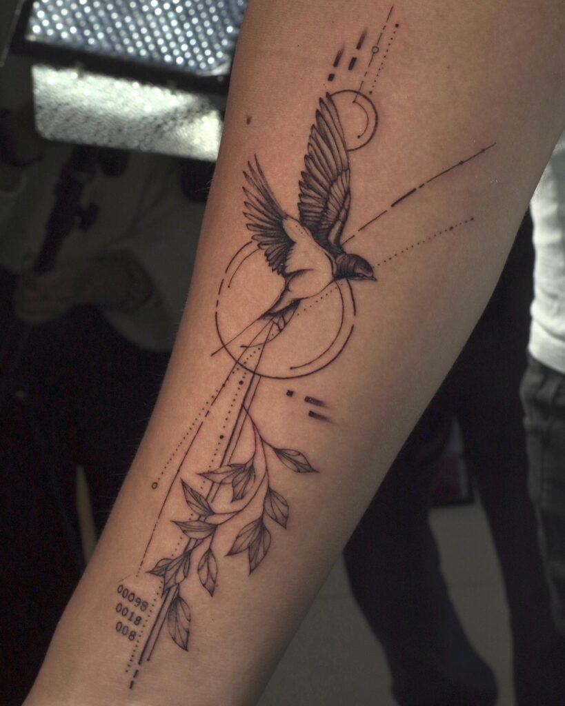 Fine line blackwork tattoo of a bird in flight surrounded by geometric elements and leaves, symbolizing freedom and growth, created at NOIR Tattoo Studio in Cusco, Peru.