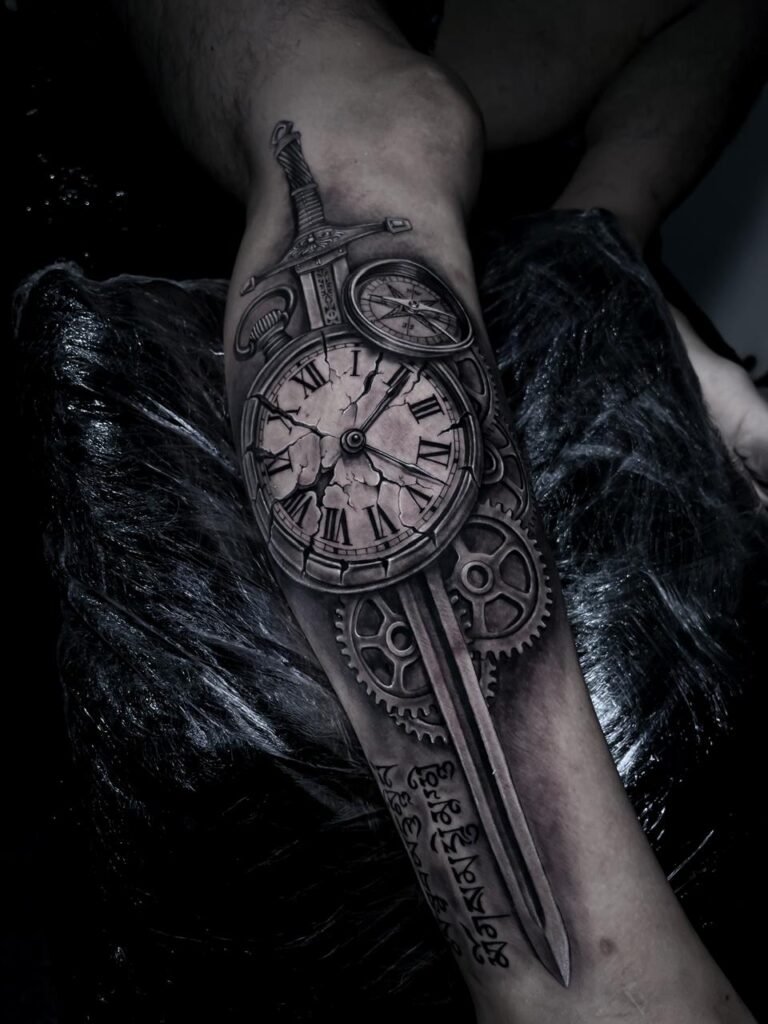 Black and grey realism tattoo of a broken clock integrated with a sword and gears, symbolizing time, destiny, and strength, created at NOIR Tattoo Studio in Cusco, Peru.