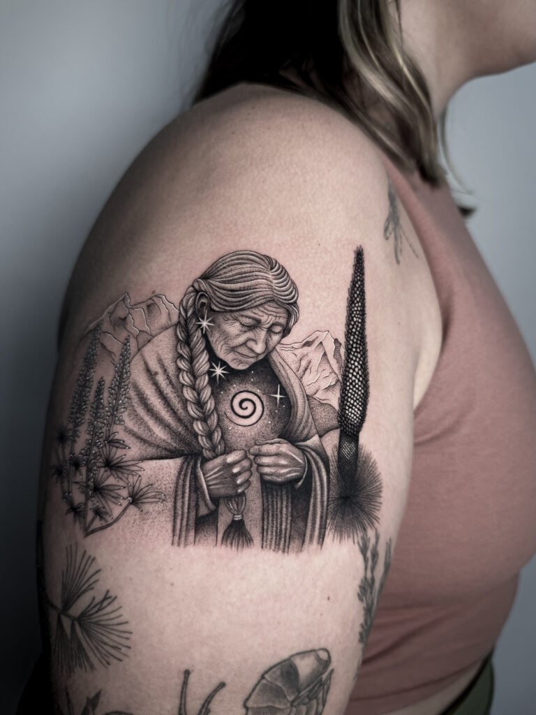 Black and grey tattoo of an Andean elder (medicine woman) with braided hair, holding a spiral healing symbol, framed by mountains and native flora — crafted at NOIR Tattoo Cusco, Peru.