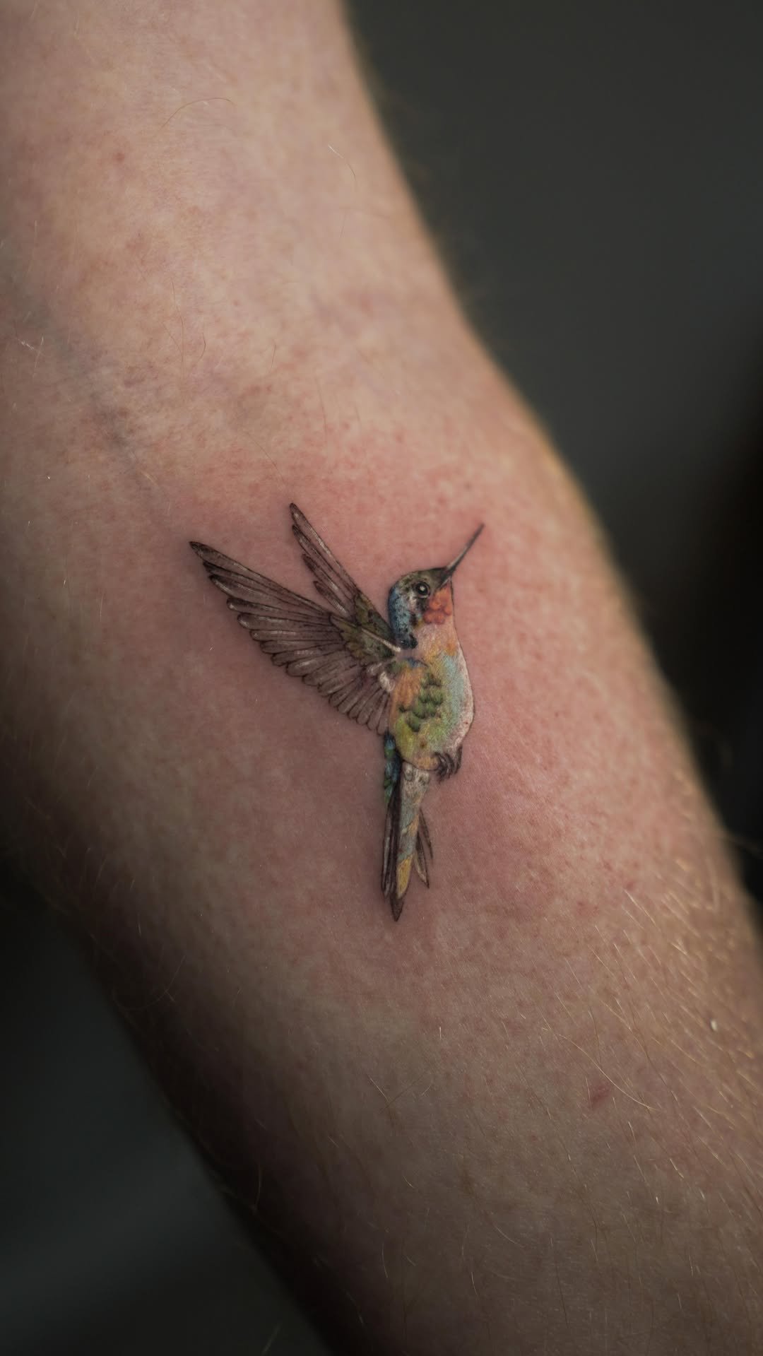 Detailed and colorful hummingbird tattoo with realistic shading and fine lines, created at NOIR Tattoo Studio in Cusco, Peru.