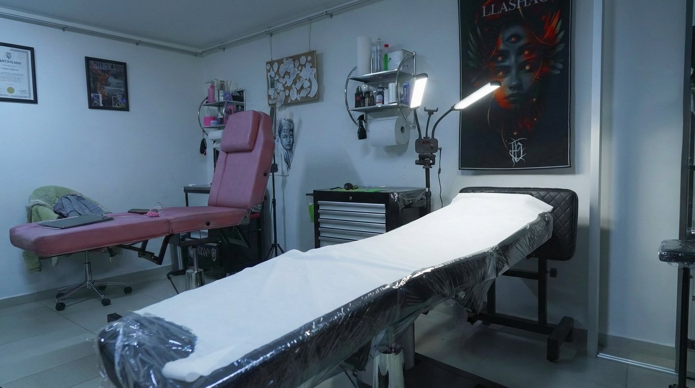 Professional tattoo studio in Cusco with sterile covered tattoo bed, clean workspace and equipment prepared for safe tattooing and piercing at Noir Tattoo Cusco