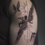 Fine line fallen angel tattoo with detailed wings, swallows, geometric elements, and the quote "Every fall is a chance to rise," created at Noir Tattoo Cusco.