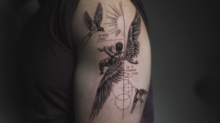 Fine line fallen angel tattoo with detailed wings, swallows, geometric elements, and the quote "Every fall is a chance to rise," created at Noir Tattoo Cusco.