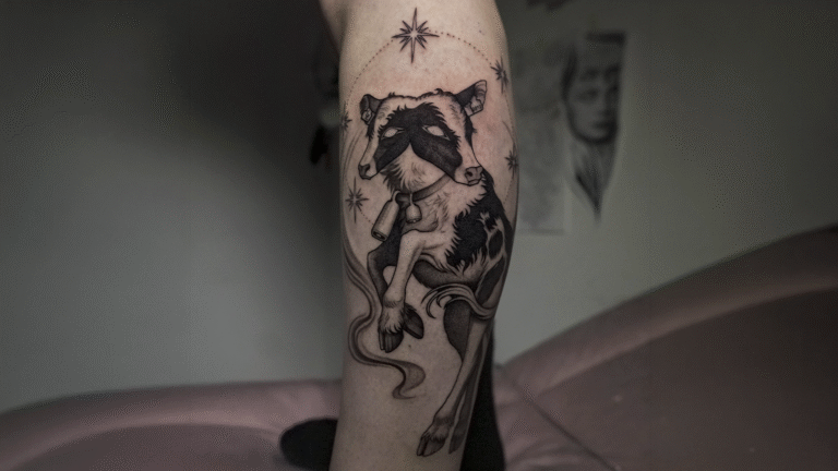 Surreal two-headed cow tattoo in black and grey featuring celestial elements and illustrative details, tattooed at Noir Tattoo Cusco, Peru.