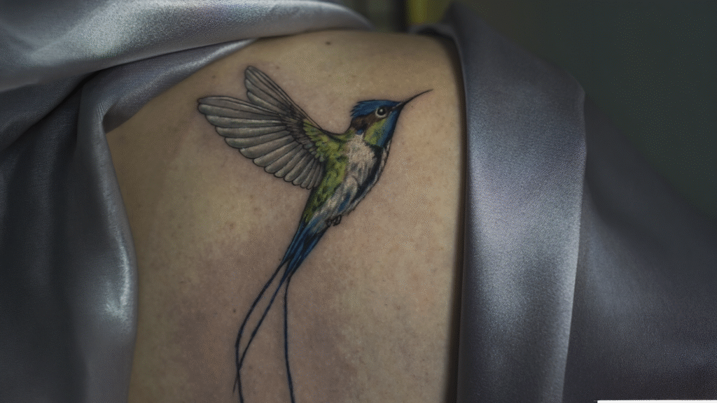 Color realism tattoo of a Marvelous Spatuletail hummingbird with long tail feathers, tattooed at Noir Tattoo Cusco, Peru.