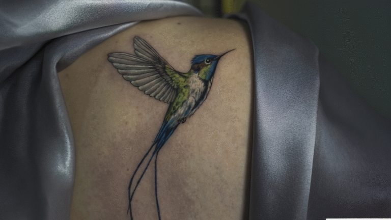 Color realism tattoo of a Marvelous Spatuletail hummingbird with long tail feathers, tattooed at Noir Tattoo Cusco, Peru.
