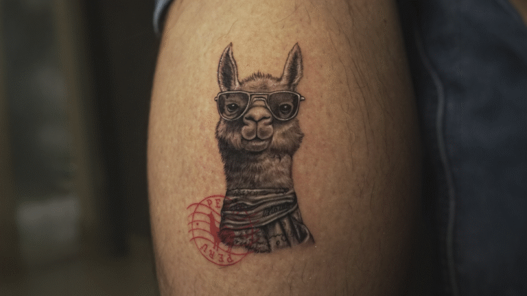 Realistic black and grey alpaca tattoo with sunglasses and travel stamp details created in Cusco, Peru.