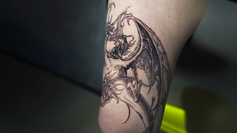 Dark fantasy dragon tattoo in black and grey featuring gothic details, demonic wings, and intricate linework, tattooed at Noir Tattoo Cusco, Peru.