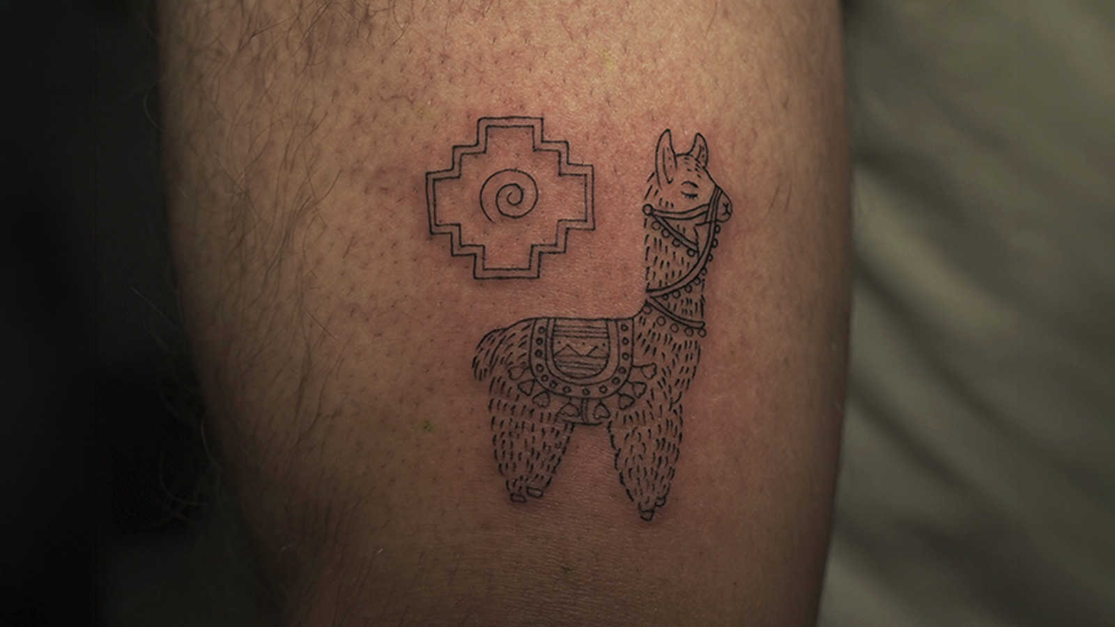 Fine line ornamental llama tattoo with an Andean-inspired symbol created in Cusco, Peru