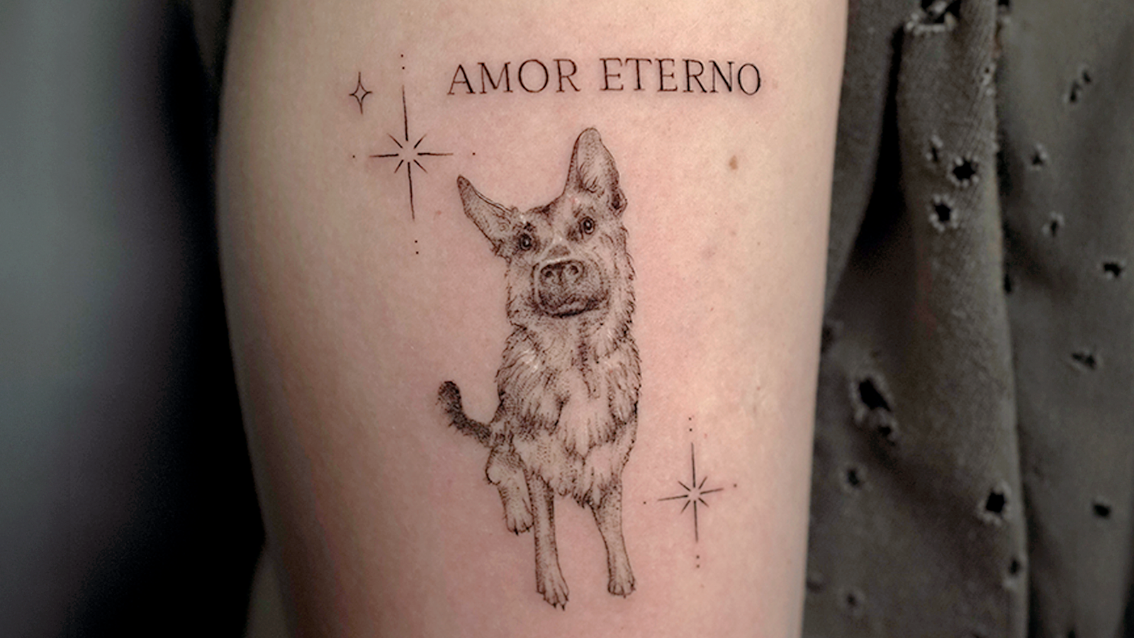 Fine line dog portrait tattoo with Amor Eterno lettering and small stars at Noir Tattoo Cusco