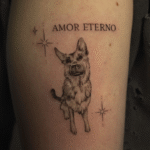 Fine-line pet memorial tattoo with a dog portrait, stars, and the words Amor Eterno, created in Cusco, Peru