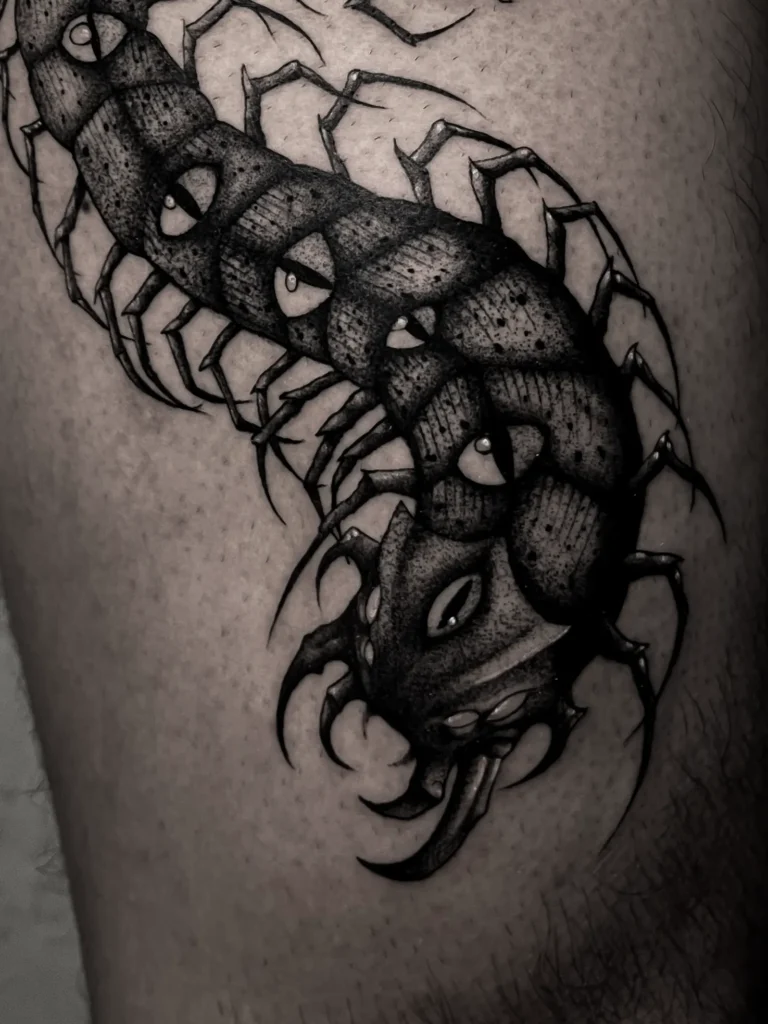 Dark centipede blackwork tattoo at Noir Tattoo Cusco
